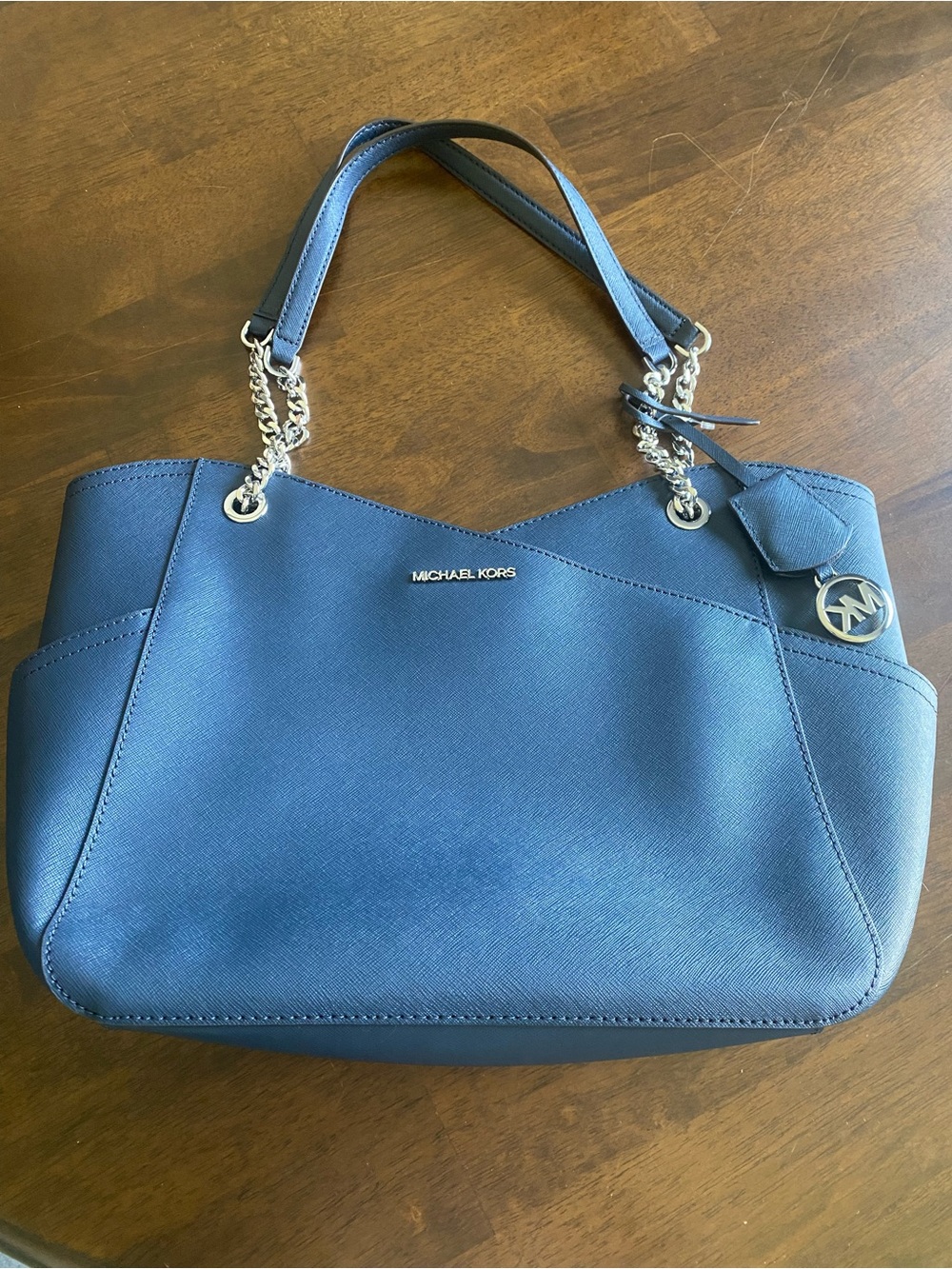 Michael Kors Navy Blue Saffiano Leather Shoulder Bag with Chain Straps
